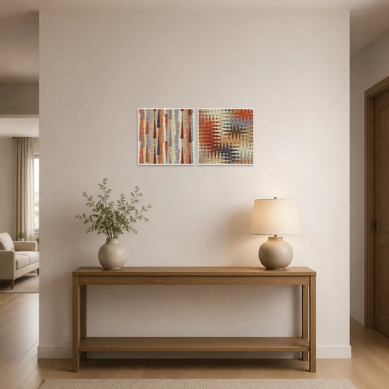 Art set in warm tones greeting guests in an entrance hall.