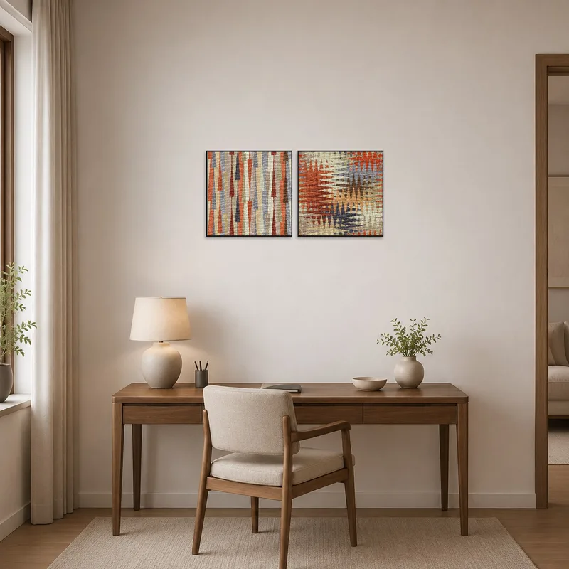 Warm-hued geometric art set inspiring creativity in a home office.