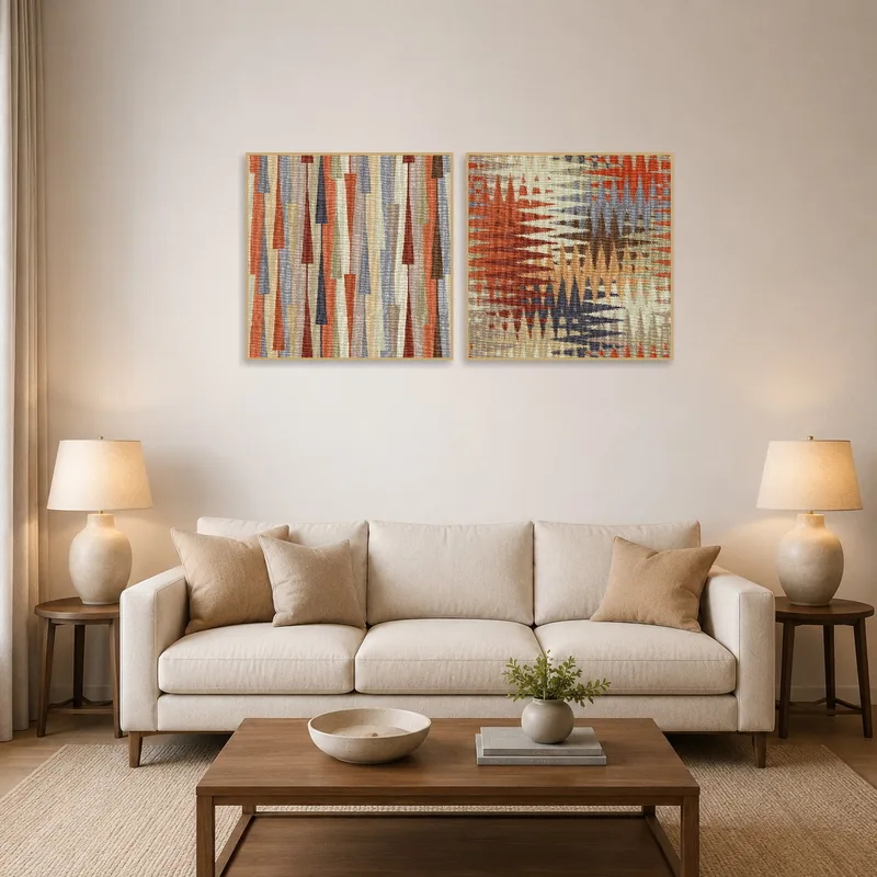 Abstract art with earth tones displayed above a modern living room sofa.