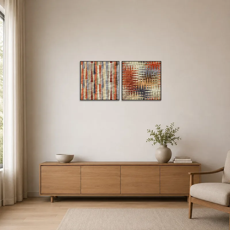 Earth tone geometric art set enhancing a minimalist styled room.