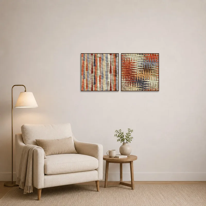 Geometric art adding warmth to a cozy reading nook.