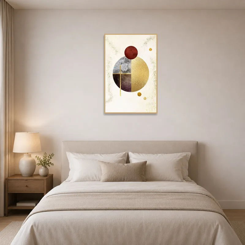 Geometric Elegance art enhancing the calm ambiance of a bedroom.