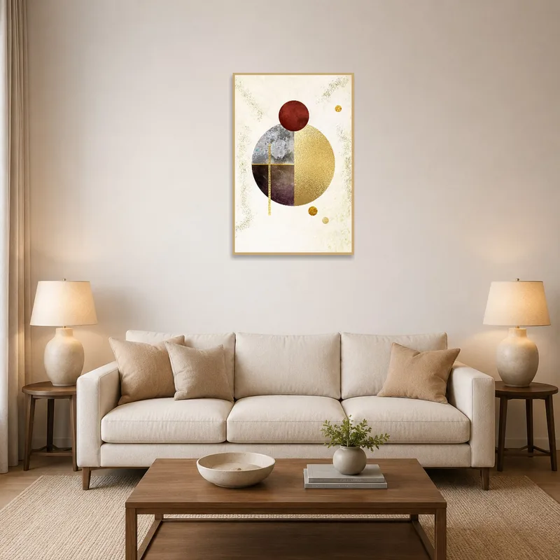 Geometric Elegance art above a modern sofa in a stylish living-room.
