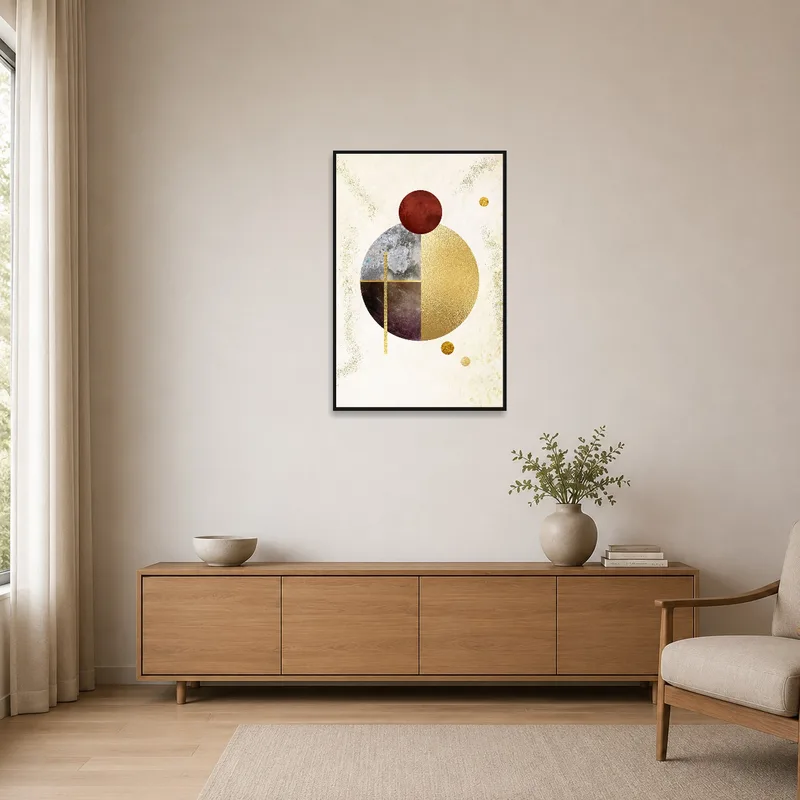 Geometric Elegance art adding interest to a sparse, minimalist room.