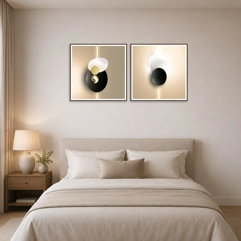 Artistic geometric elegance elevates bedroom ambiance.