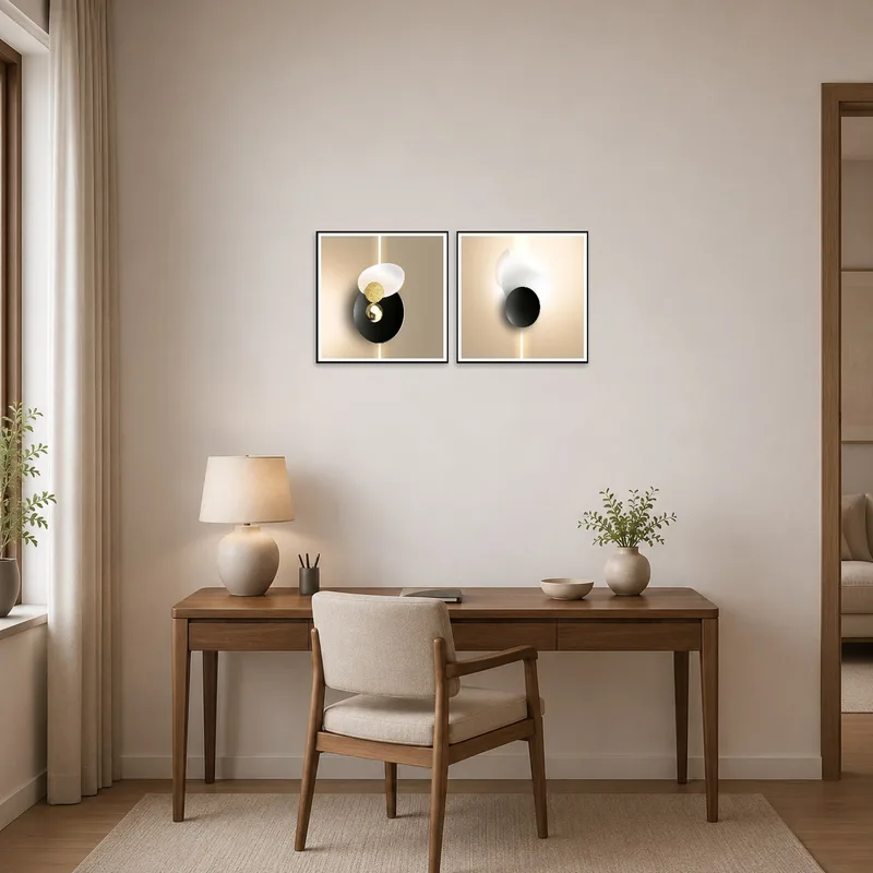 Striking geometric artwork inspires creativity in a home office.