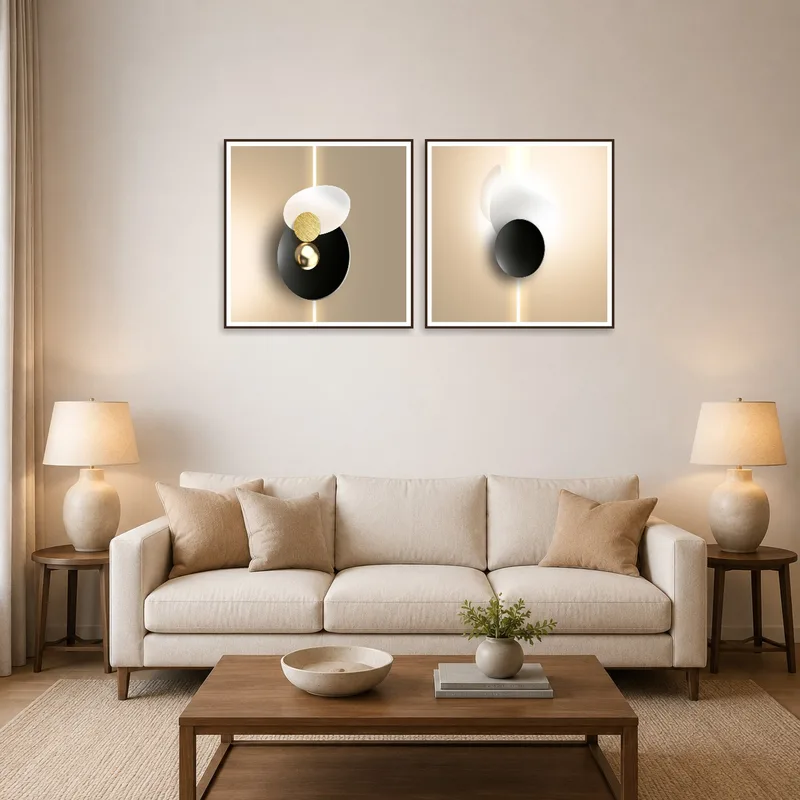 Bold geometric art piece enhances a modern living room setting.