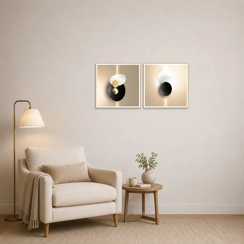 Intriguing geometric forms add interest to a cozy reading corner.