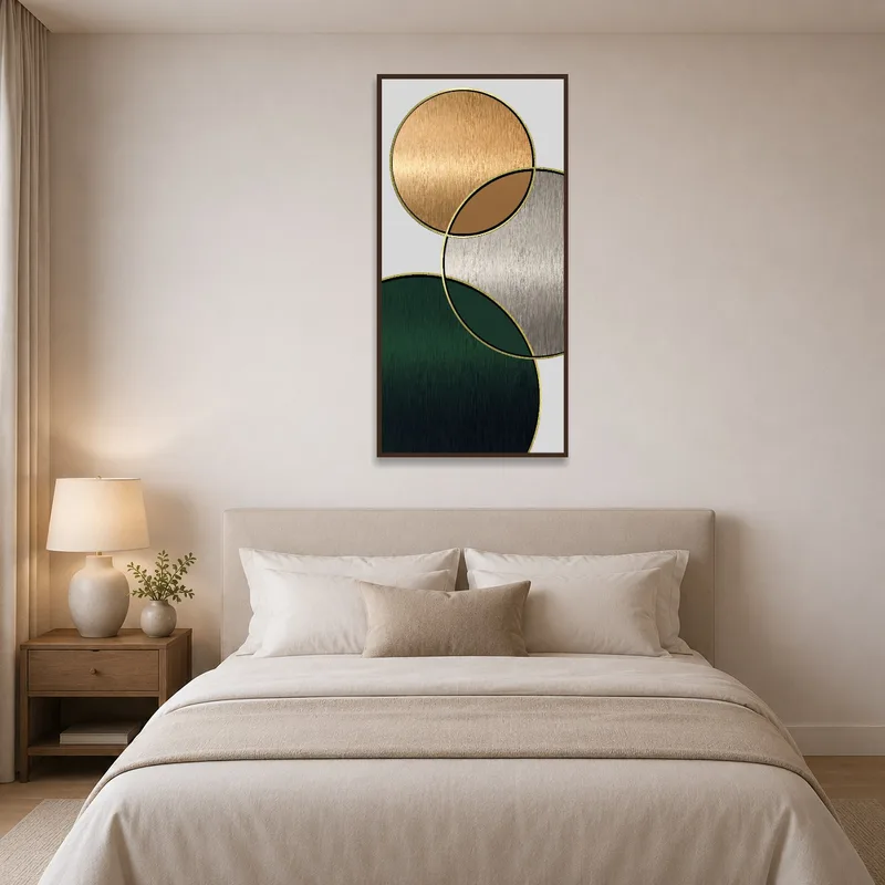 Geometric art print adds sophistication to a serene bedroom wall.