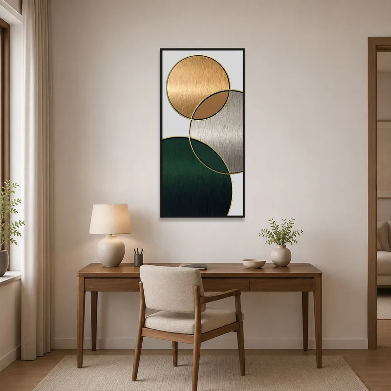 Metallic hues art piece accents a productive, stylish home office.