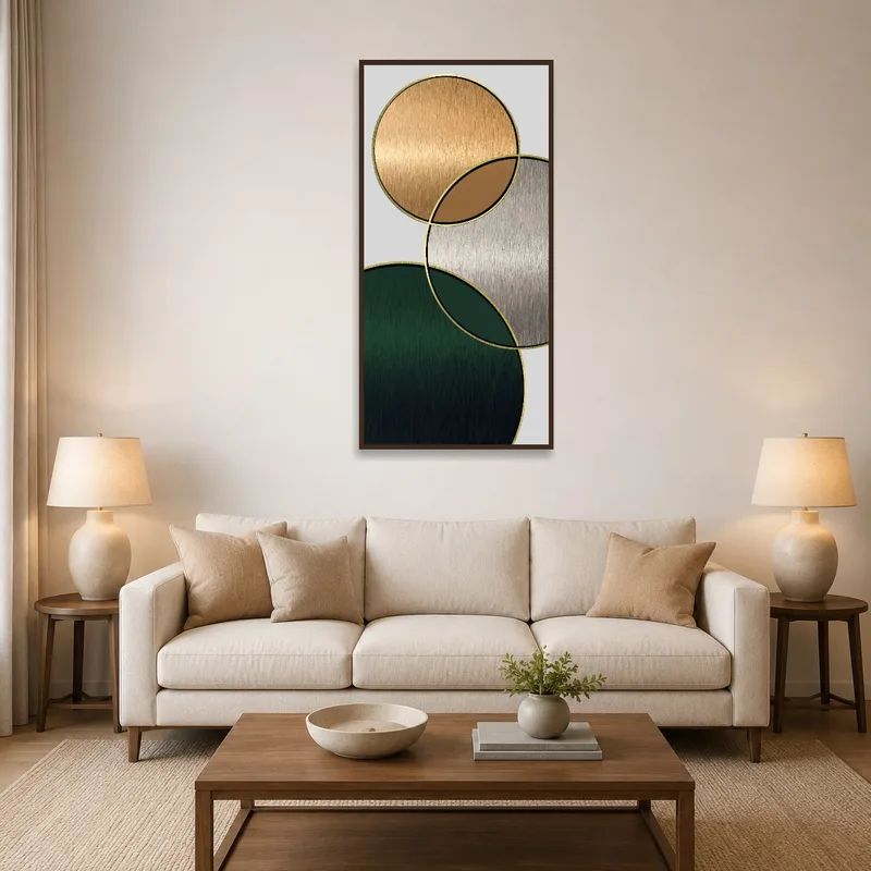 Geometric Elegance art piece on a living room wall, near a modern sofa.