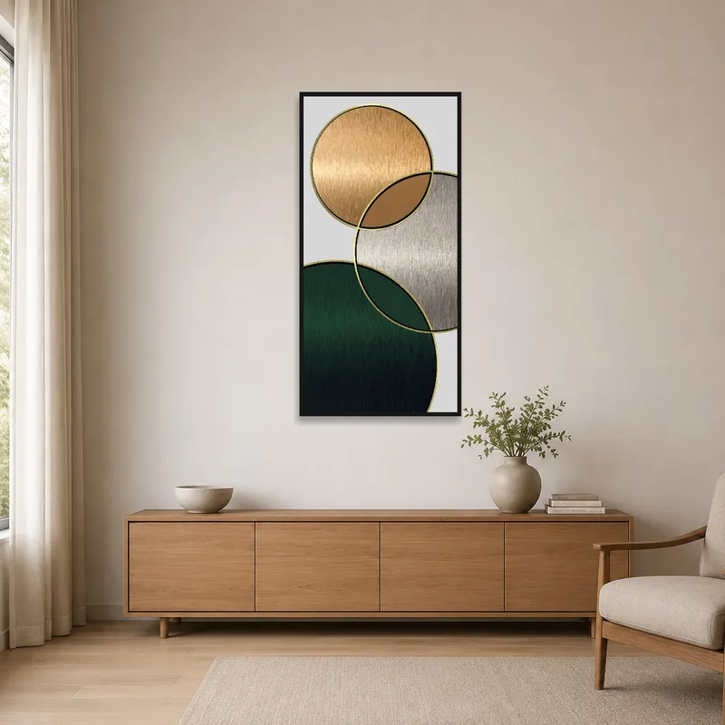 Geometric art print enhances a minimalist room with sleek furniture.