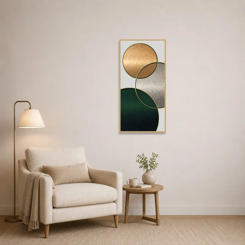 Art piece with metallic circles displayed in a cozy reading corner.