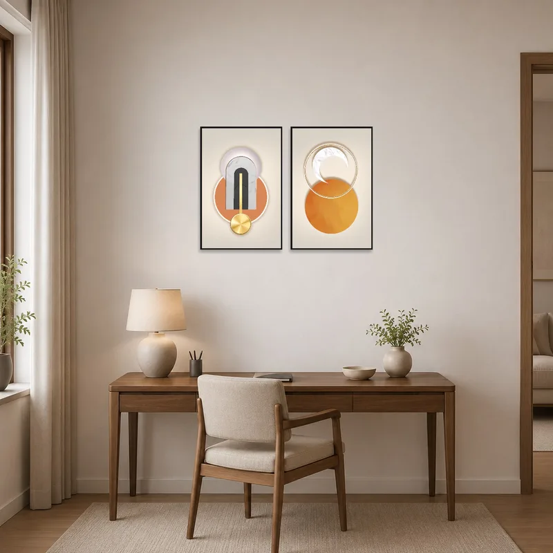 Sophisticated geometric art paired in a sleek home office setting.