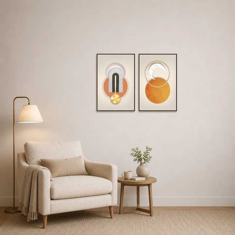 Pair of abstract geometric pieces adding flair to a cozy reading corner.