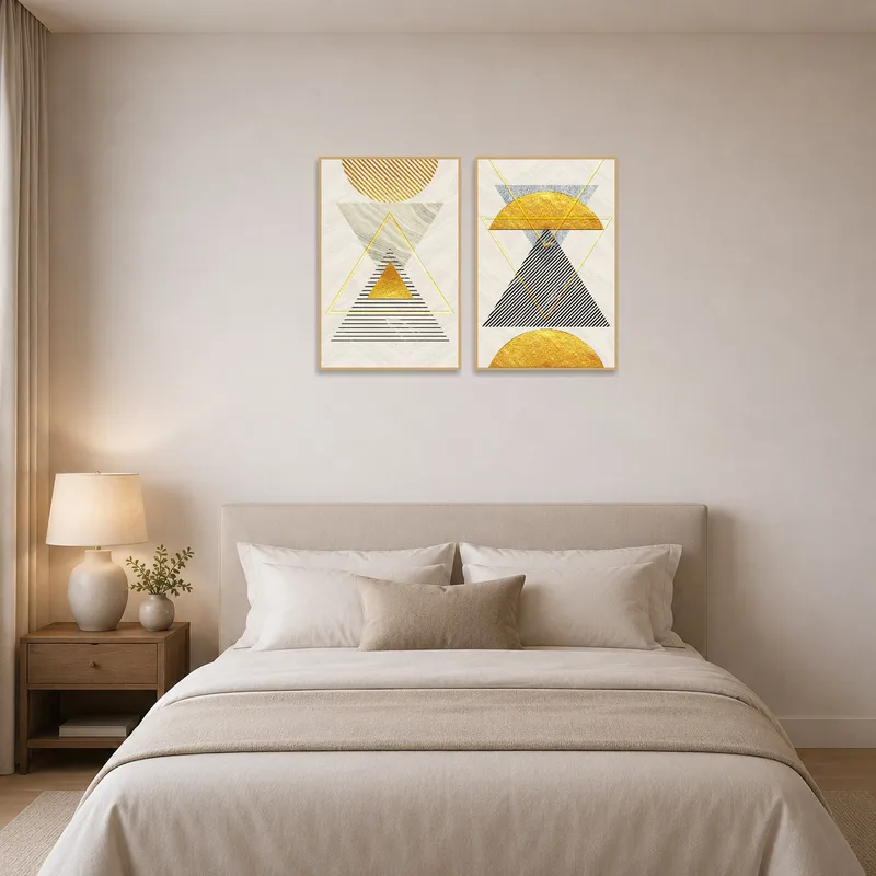 Elegant abstract art set on bedroom wall, complementing soft linens.