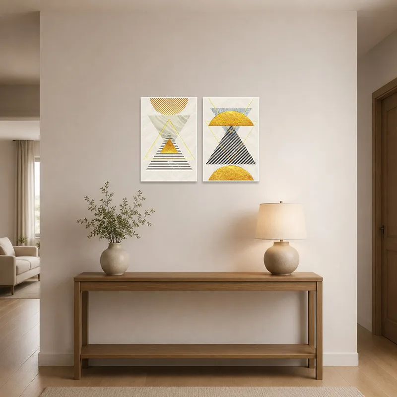 Striking geometric art set making a statement in an entrance hall.