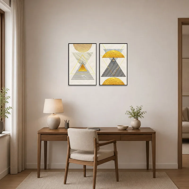 Artistic geometric prints inspiring creativity in a chic home office.