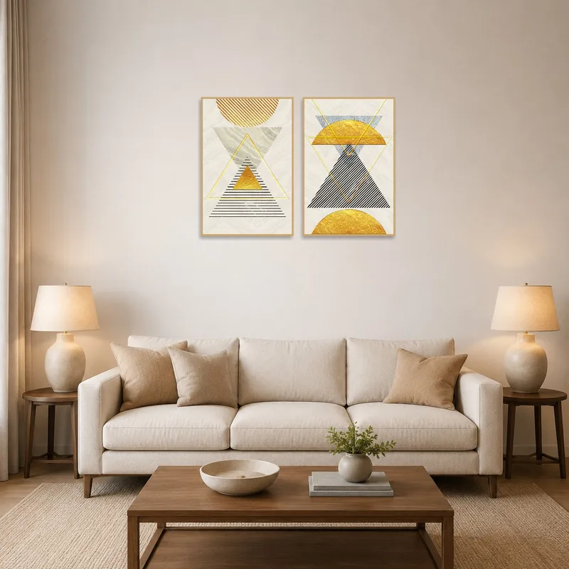 Abstract gold and black art set on a living room wall above a modern sofa.