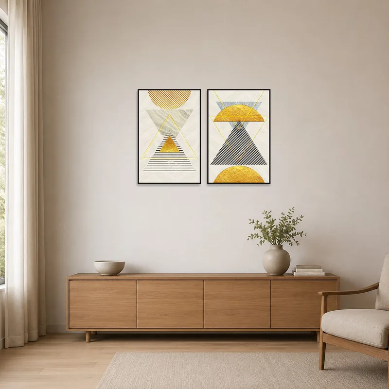 Gold and black abstract pieces adding style to a minimalist white room.