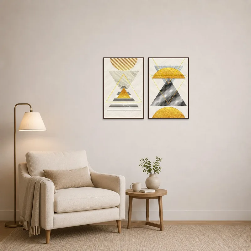 Gold and black abstracts enhancing a cozy reading corner ambiance.