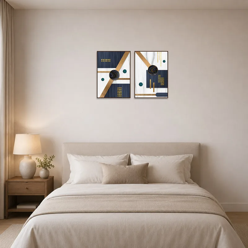 Serene bedroom ambiance completed with geometric gold and blue artwork.