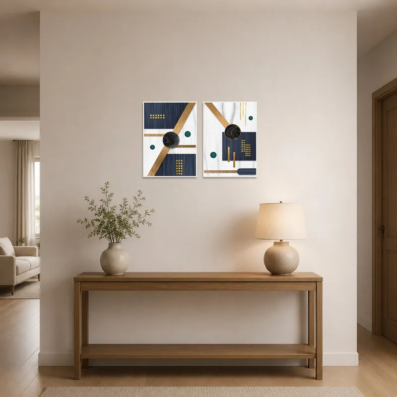 Sophisticated geometric art adds a touch of elegance to the entrance hall.
