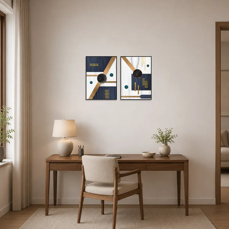 Home office gains a chic look with geometric gold and blue art set on display.