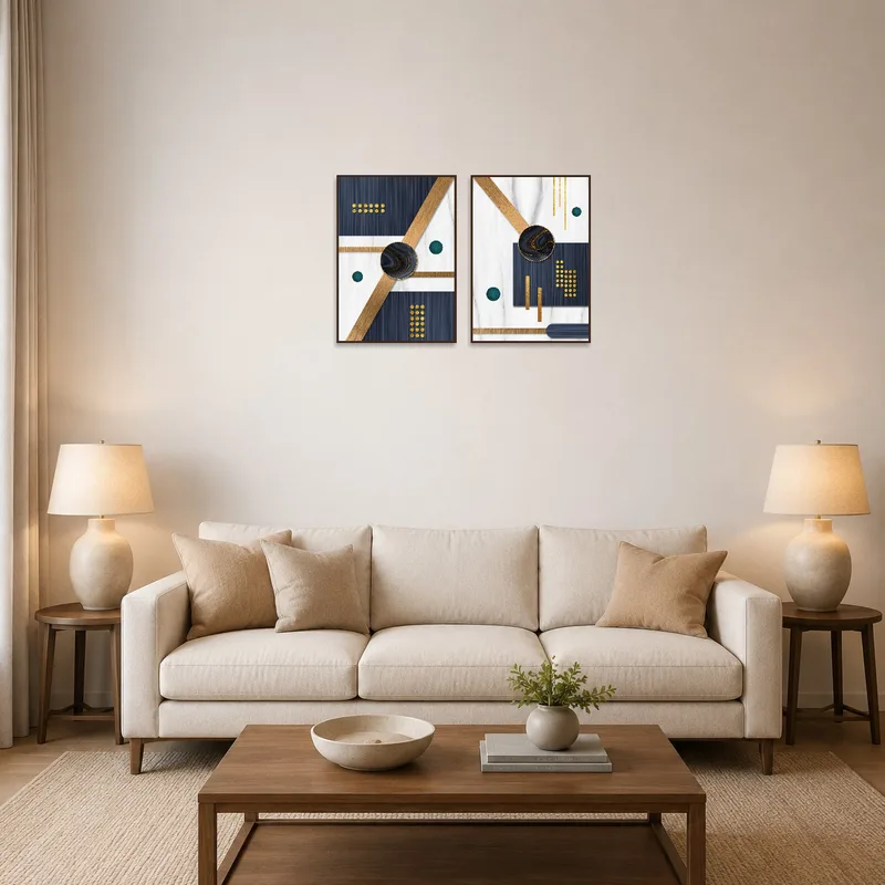 Gold and blue geometric art set enhances the modern vibe of a living room space.
