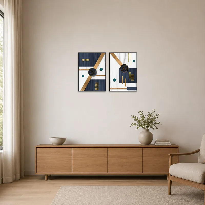 Minimalist room accented by geometric gold and blue art set on a white wall.