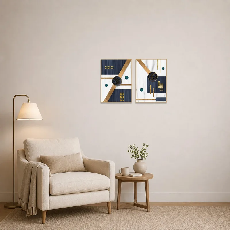 Cozy reading corner brightened by the geometric gold and blue art set.