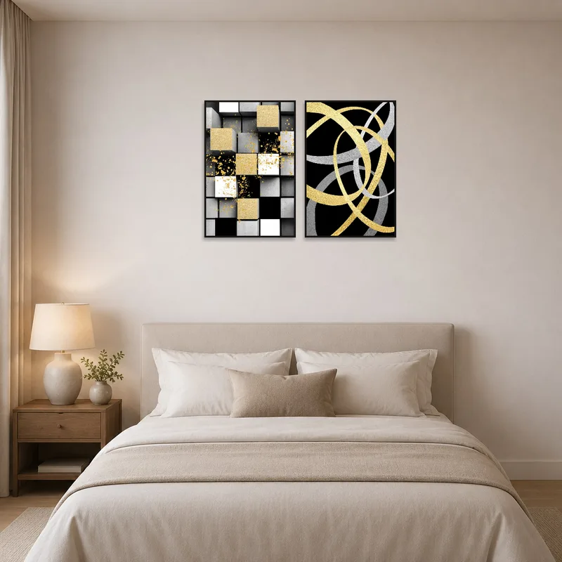 Contemporary geometric art adds a touch of luxury to a tranquil bedroom ambiance.