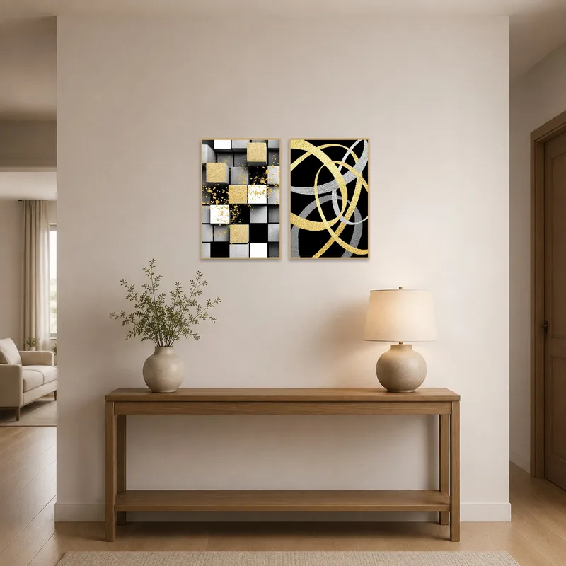 Elegant geometric art gives a sophisticated touch to a stylish entrance hall.