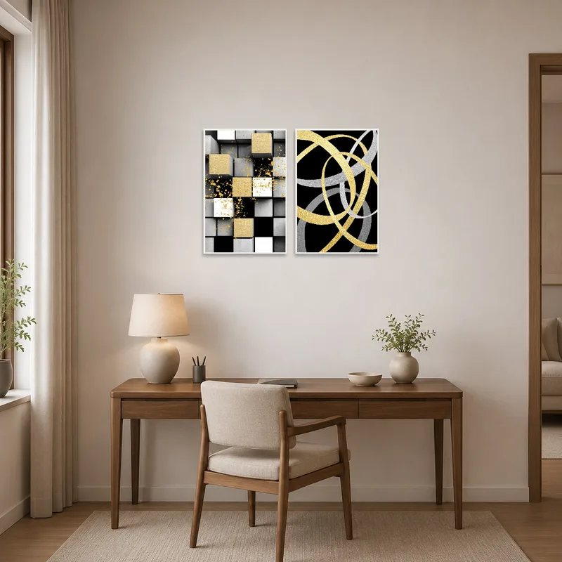 Geometric art set enhances the professional look of a sleek home office space.