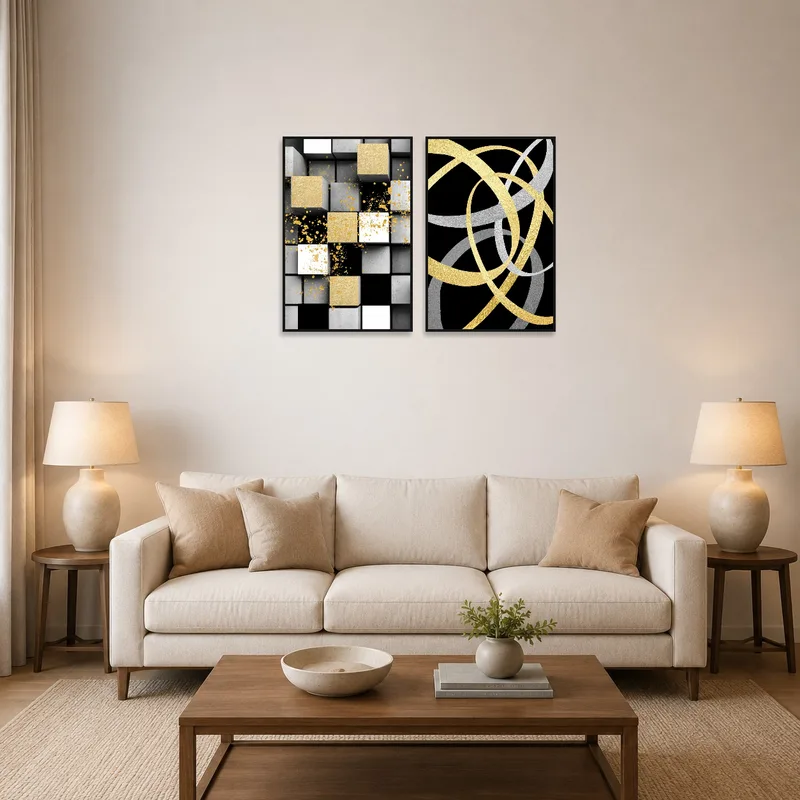 Geometric art set with gold and silver accents brightens a modern living room wall.