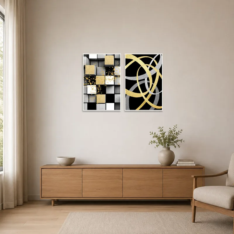 Sleek geometric pieces complement a minimalist environment with gold and silver tones.