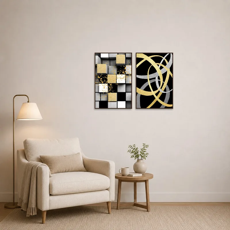 Gold and silver geometric designs offer a calming influence in a serene reading corner.