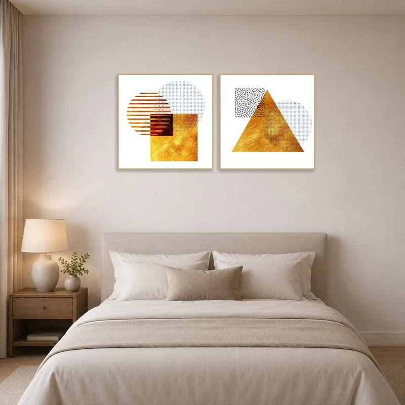 Geometric gold art set complements the calming tones of a bedroom.