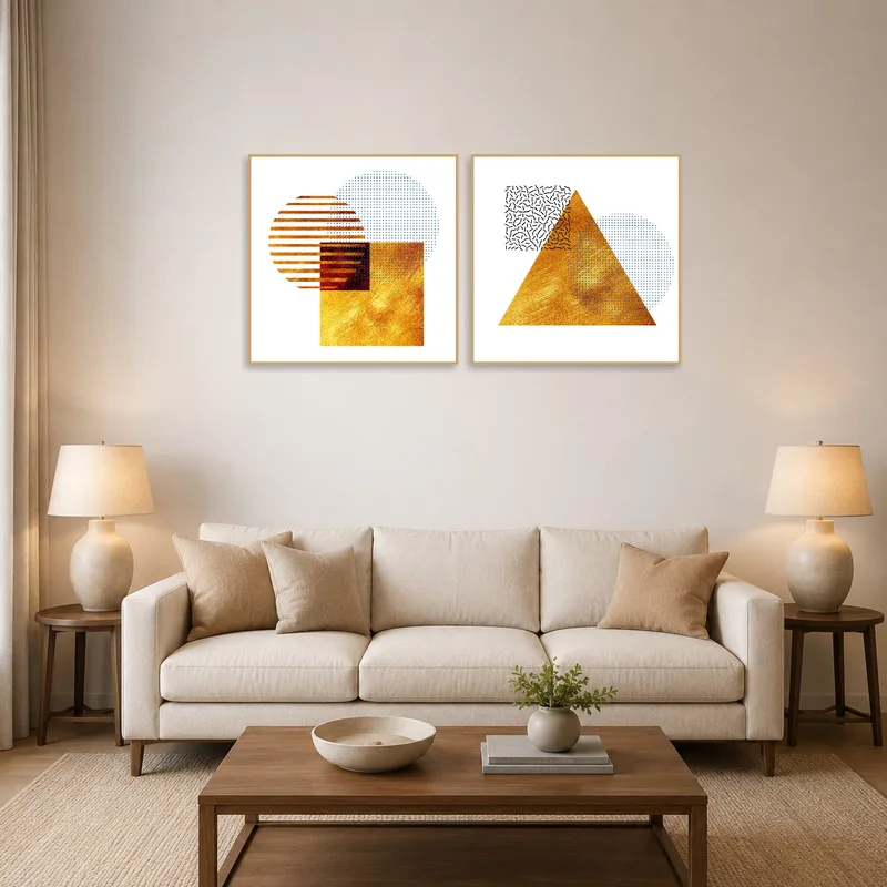 Gold geometric art set on a living room wall above a modern sofa.