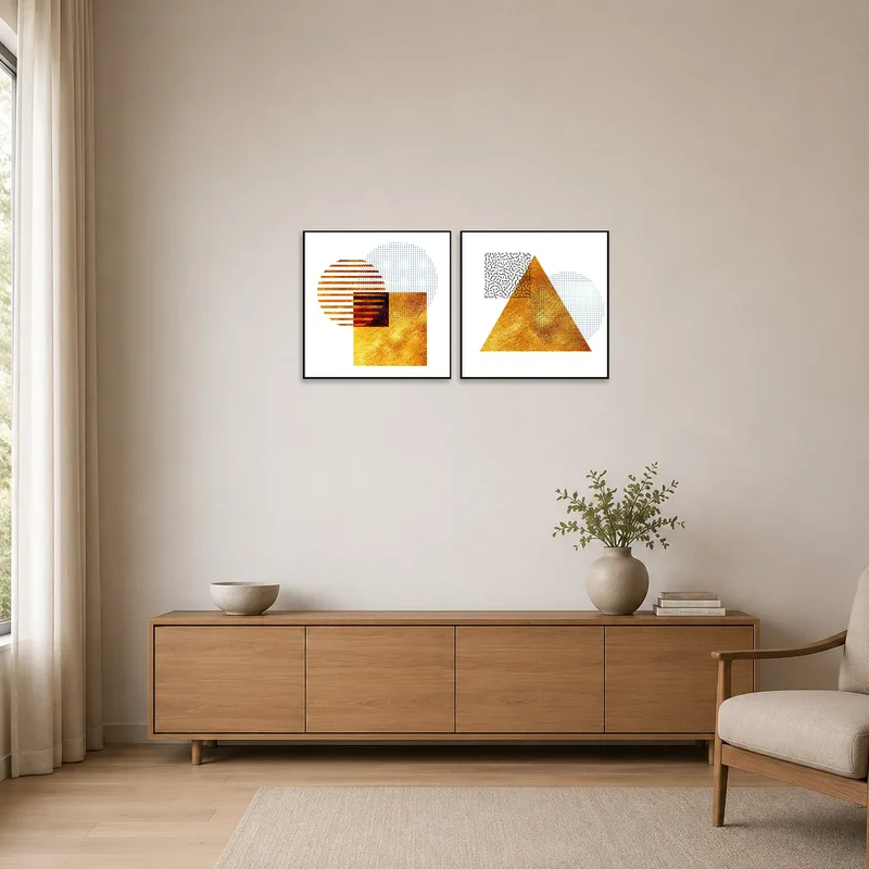 Simple geometric art set adds a touch of gold in a minimalist space.