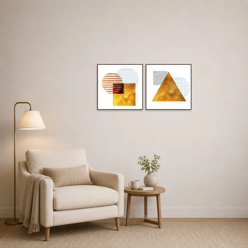 Artistic gold shapes add elegance to a cozy reading corner.