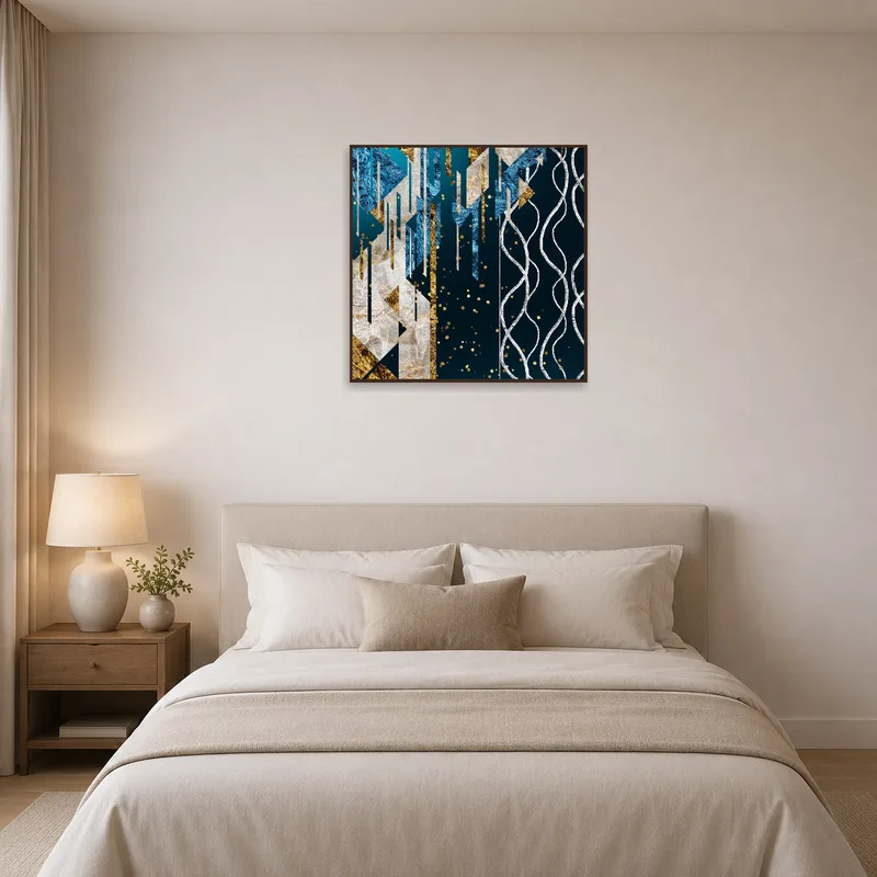 Serene bedroom accented by a geometric elegance in blue and gold.