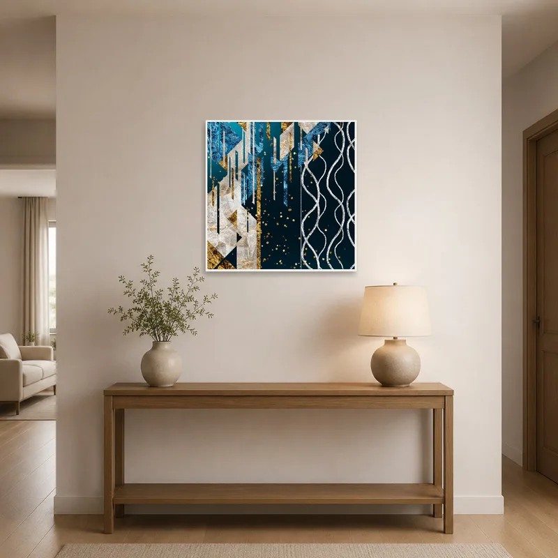 Blue and gold geometric piece enhancing an entrance hall ambiance.