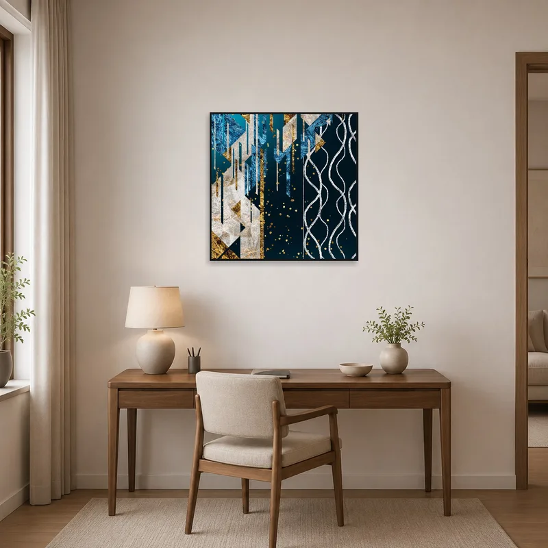 Chic blue and gold geometric print enhancing a productive home office.