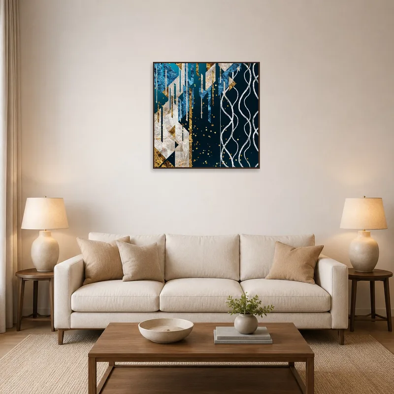 Blue and gold geometric artwork in a modern living room with neutral tones.