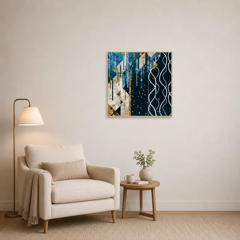 Stylish geometric art in blue and gold brightening a cozy reading corner.