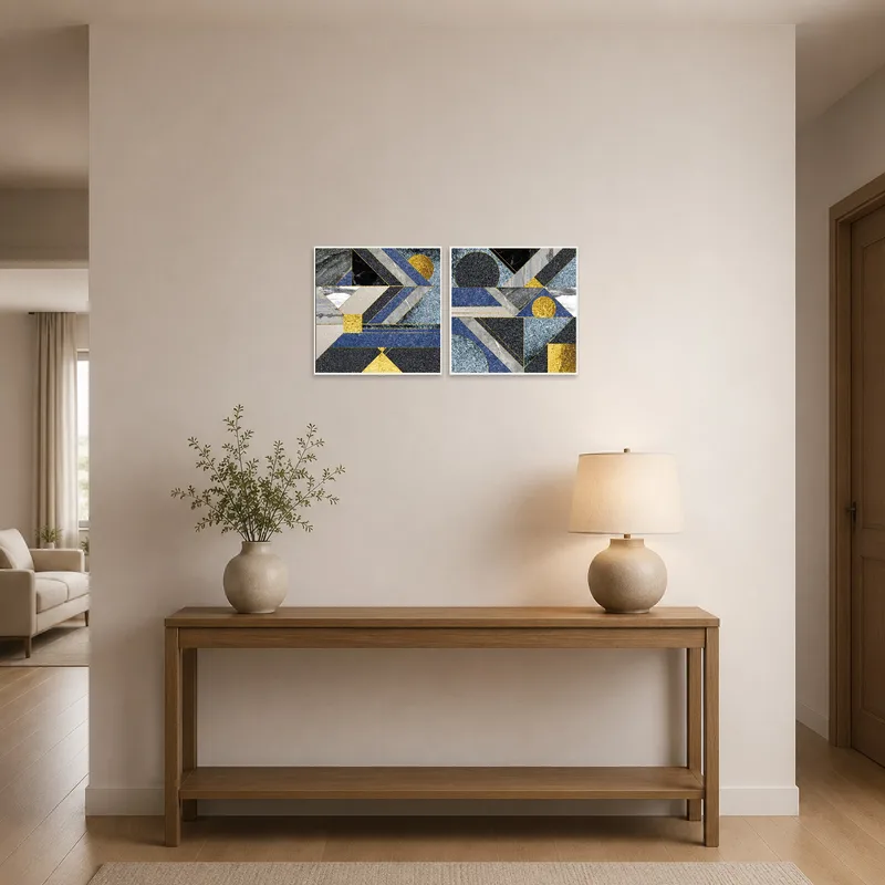 Elegant geometric artwork set in blue and gold greets in the entrance hall.