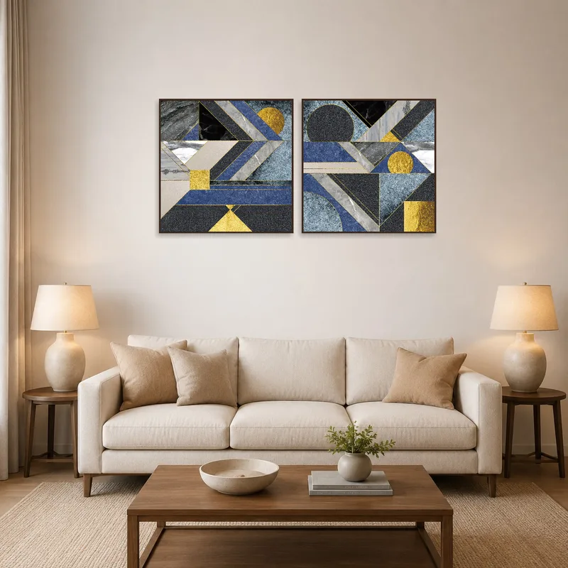 Set of geometric blue and gold artwork above a modern sofa in the living room.