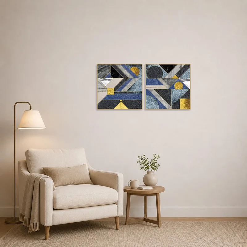 Cozy reading corner enhanced by blue and gold geometric art pieces.