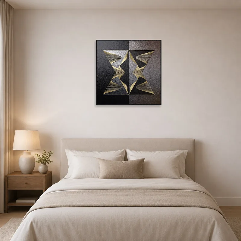 Elegant geometric art in gold and black above a plush bed.